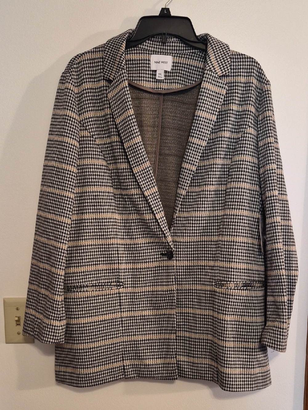NWT Nine West Black & Cream Checked Single-Button BlazerSz XXL
